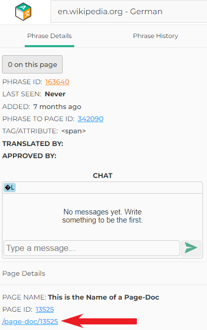 screenshot of a link to a page doc in SiteTran's translation interface
